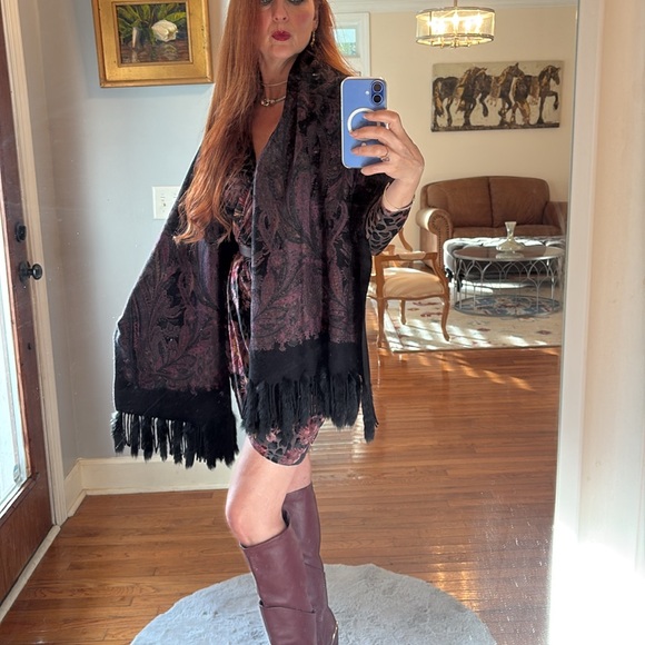 LA Fiorentina NEIMAN Marcus Genuine Fur wool wrap shawl scarf black purple rare - Picture 14 of 14